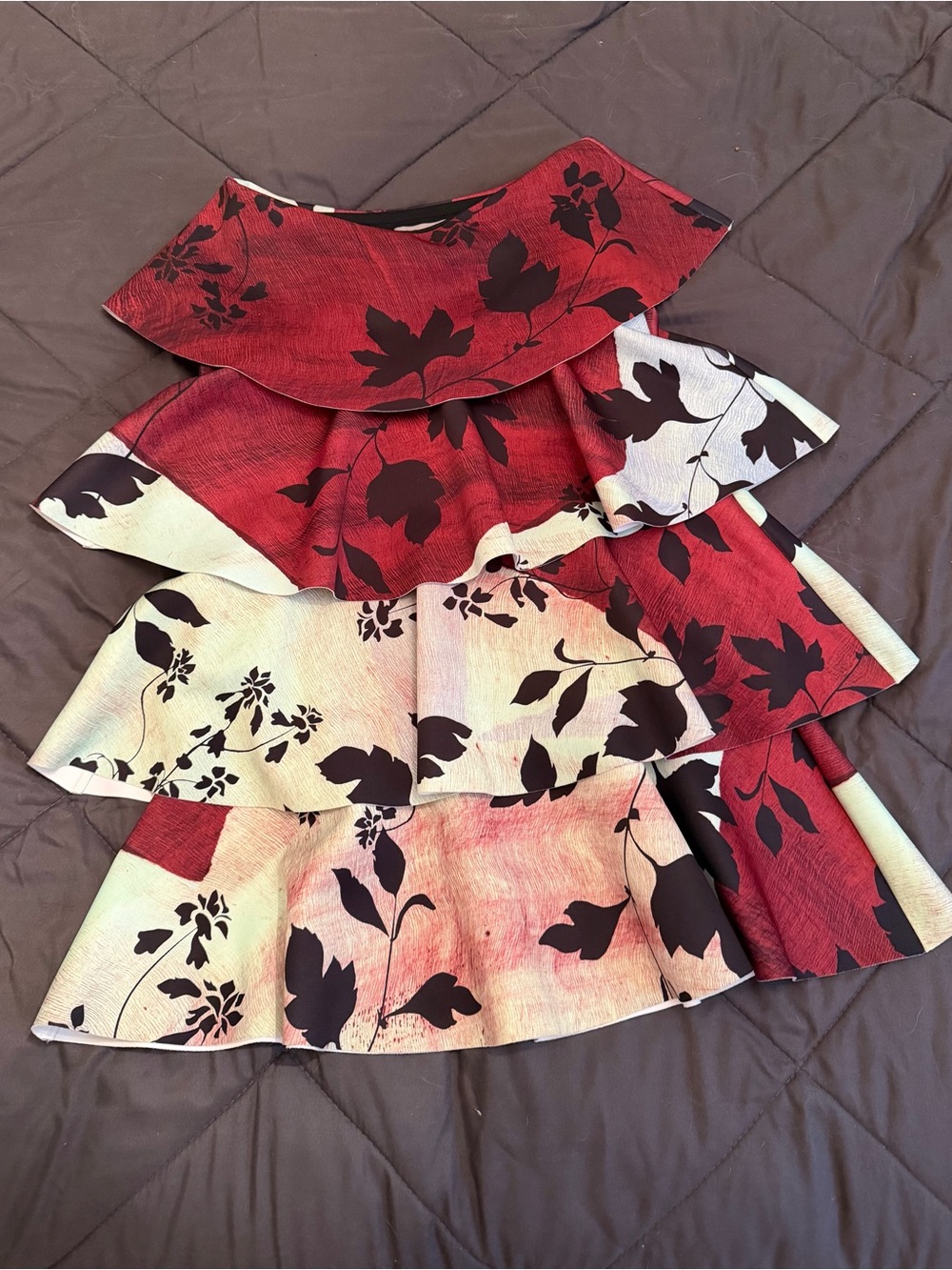 Clover Canyon Red and Cream Floral Tiered Ruffle Skirt